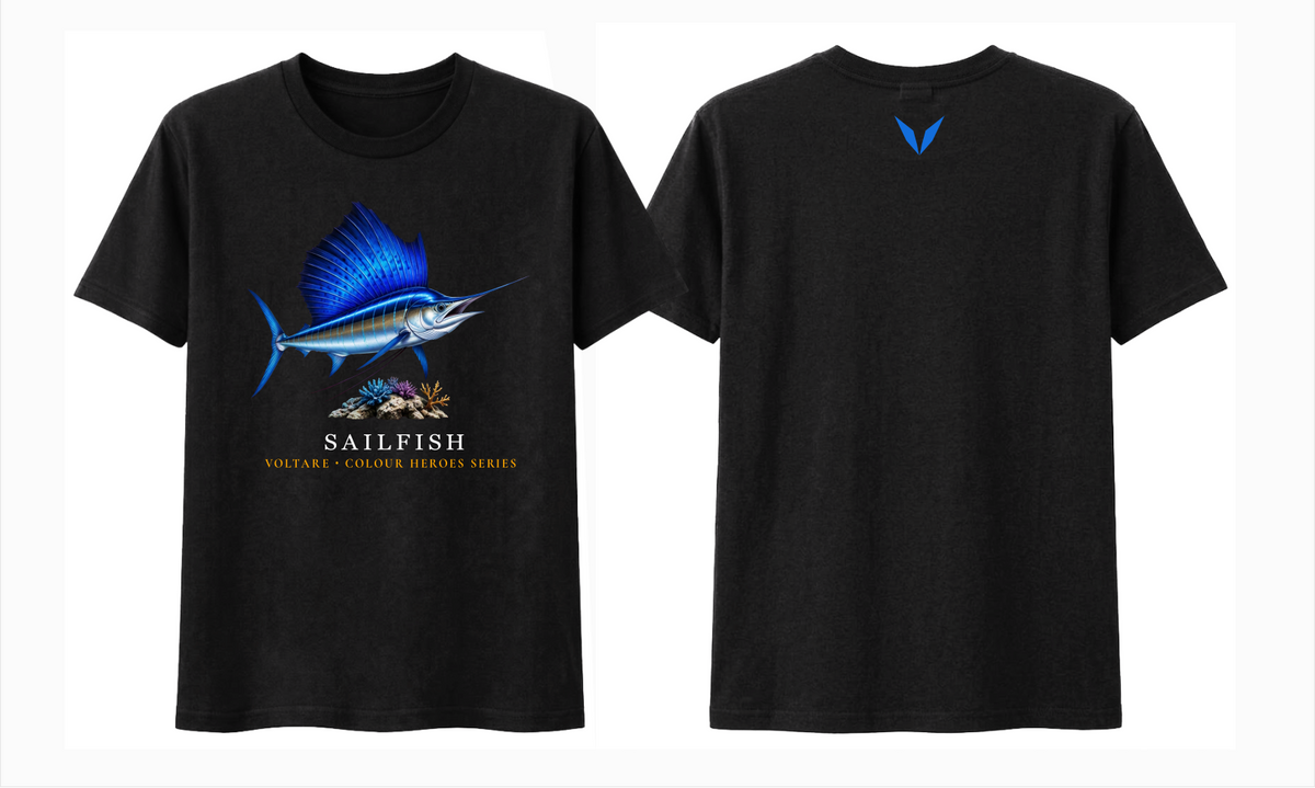 Front and back views of black Voltare Sailfish Colour Hero T-shirt with blue-and-silver fish artwork and matching blue Voltare V back logo