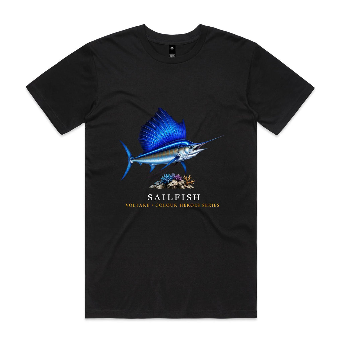 Front of black Voltare Sailfish Colour Hero T-shirt with blue-and-silver sailfish artwork and Colour Heroes lettering