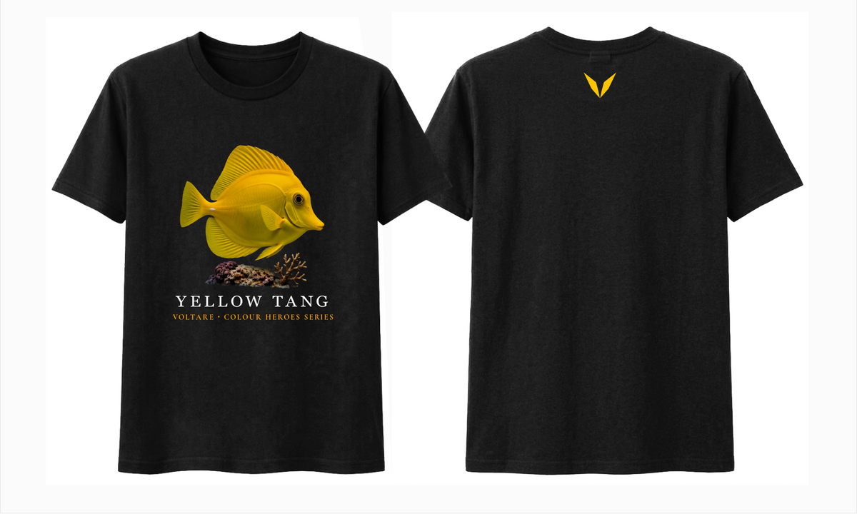 Front and back views of black Voltare Yellow Tang Colour Hero T-shirt with yellow fish artwork and matching yellow Voltare V back logo