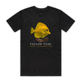 Front of black Voltare Yellow Tang Colour Hero T-shirt with yellow fish artwork, coral and Colour Heroes lettering