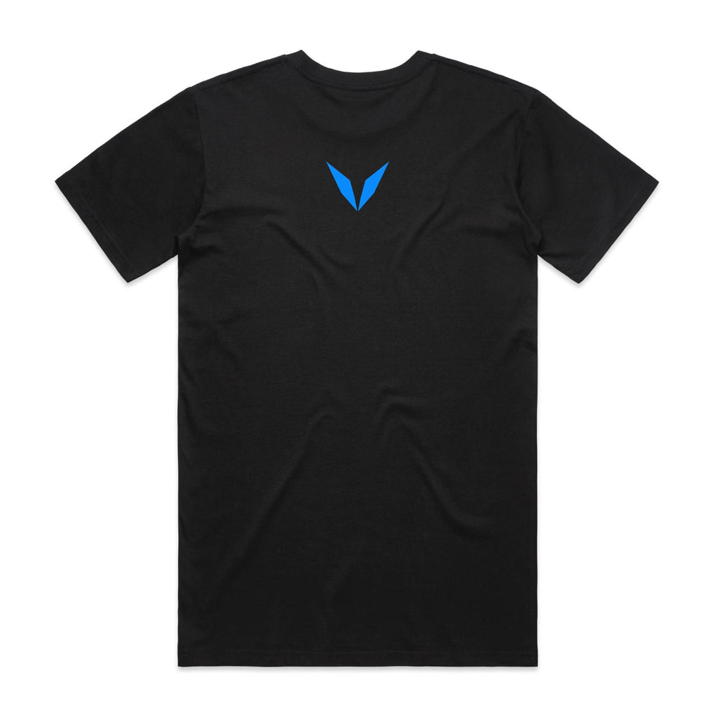 Back of black Voltare 404 Error tee featuring a blue Voltare V between the shoulders