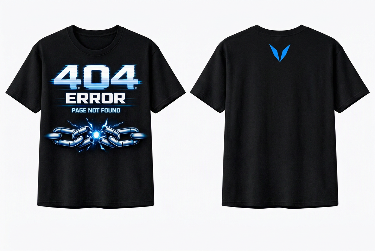 Front and back of black Voltare 404 Error tee showing the broken chain graphic and blue Voltare V