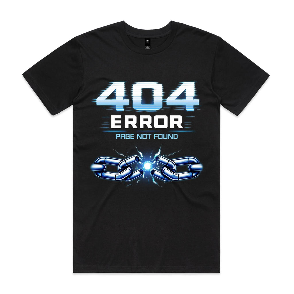 Black Voltare 404 Error tee featuring Page Not Found lettering and a broken chain graphic