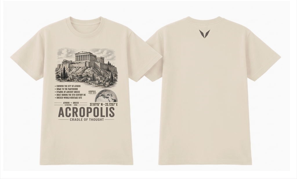 Front and back of the Ecru Voltare Acropolis Cradle of Thought tee, showing Parthenon and hilltop artwork above facts, an Athens map, coordinates and landmark lettering, with a small dark earthy Voltare V high on the back