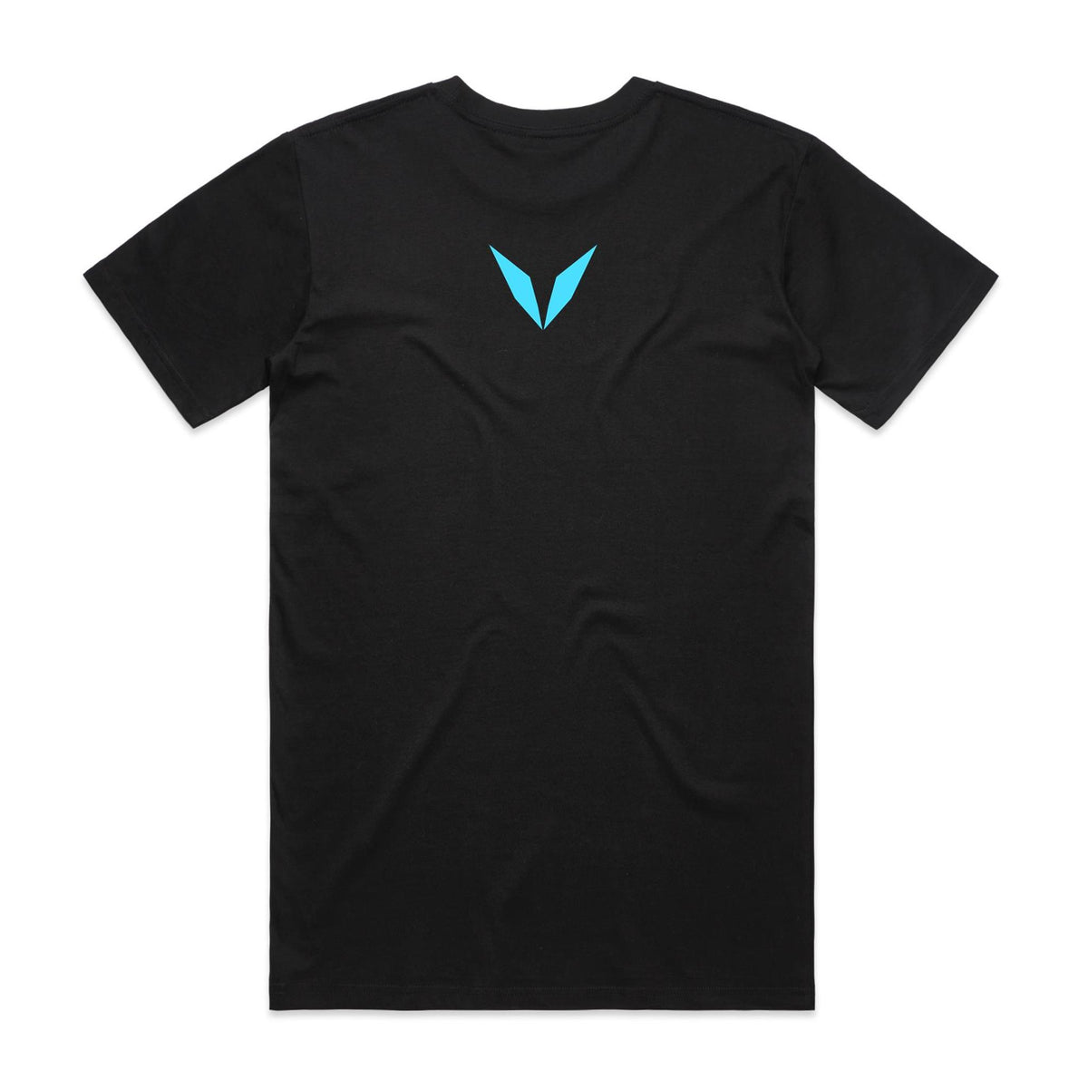Back of black Voltare AI Anonymous Confession Box Tee with a turquoise Voltare V between the shoulders