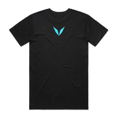 Back of black Voltare AI Anonymous Confession Box Tee with a turquoise Voltare V between the shoulders