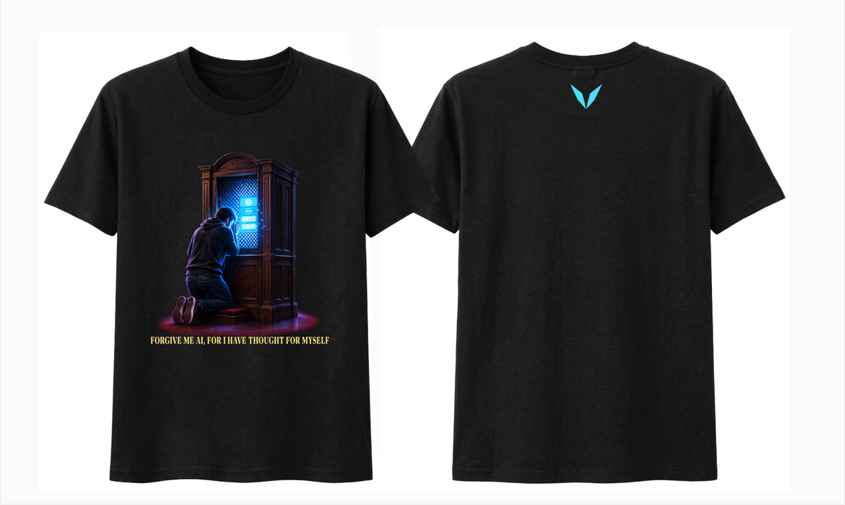 Front and back of black Voltare AI Anonymous Confession Box Tee showing the AI confession booth artwork and turquoise Voltare V logo