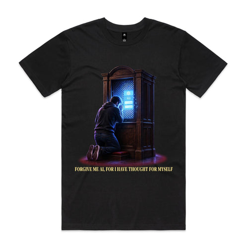 Black Voltare AI Anonymous Confession Box Tee with a person kneeling at a glowing AI booth and the slogan Forgive me AI, for I have thought for myself