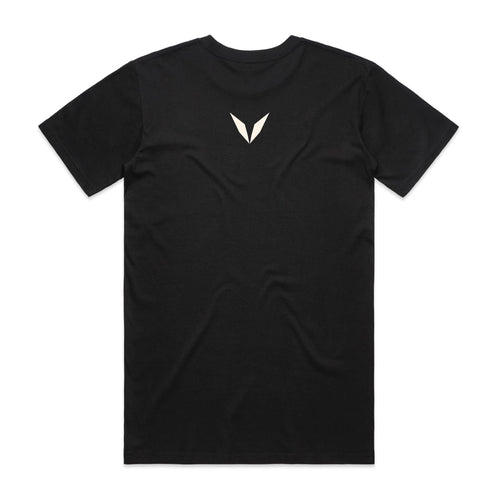 Back of Voltare AI Anonymous Human Evolution Black tee with a cream Voltare V between the shoulder blades