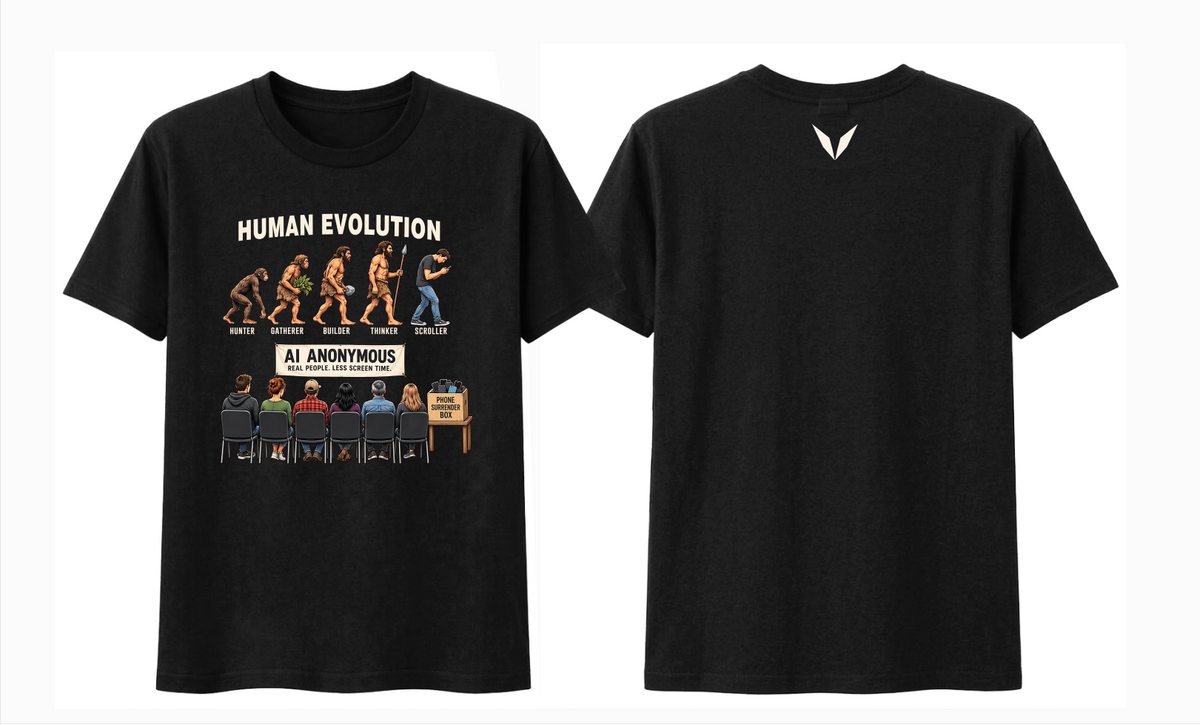 Front and back preview of Voltare AI Anonymous Human Evolution Black tee showing the evolution and support-group artwork with a matching cream back V