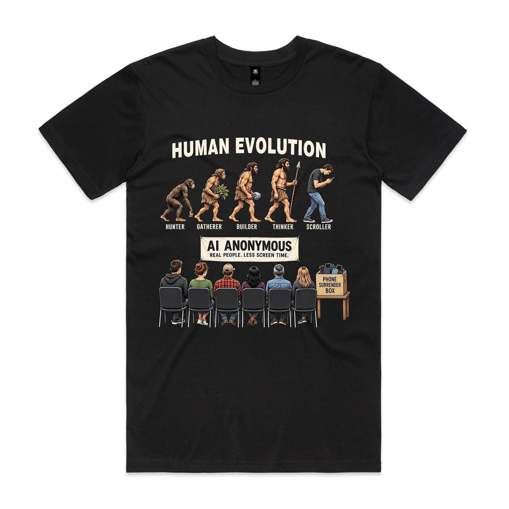 Front of Voltare AI Anonymous Human Evolution Black tee featuring evolution from hunter to scroller and a seated support group beneath cream lettering