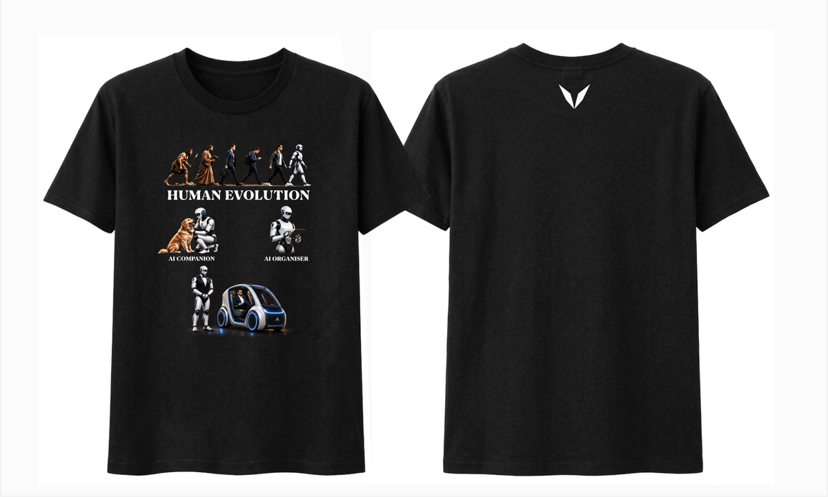 Front and back preview of Voltare AI Anonymous Human Progression Black tee showing human evolution and robot artwork with a white back V