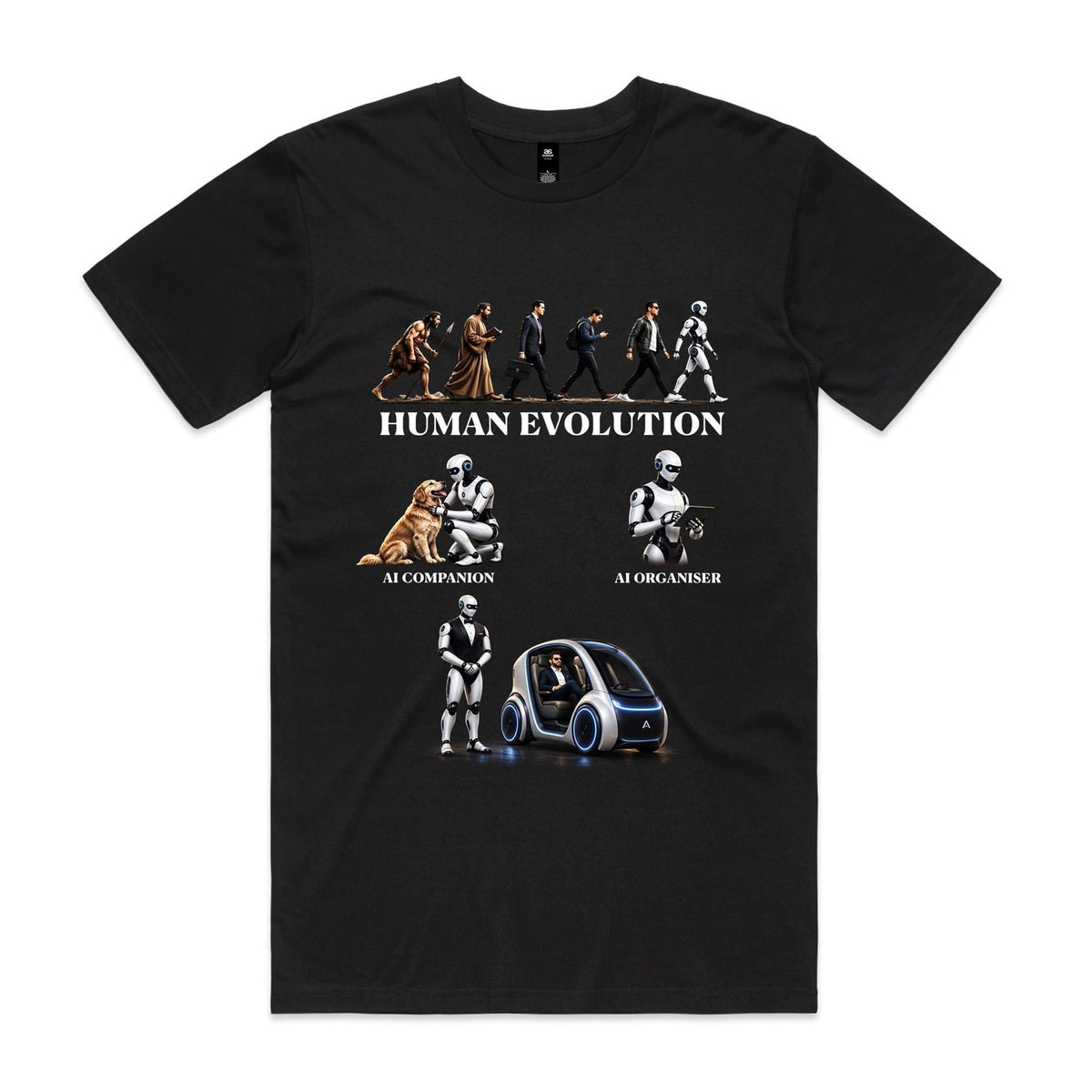 Front of Voltare AI Anonymous Human Progression Black tee featuring human evolution, AI companion and organiser robots, and a futuristic car