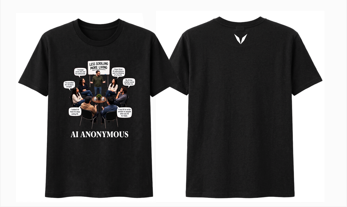 Voltare AI Anonymous Meeting black tee front and back preview showing AI meeting graphic and white back V