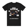 Voltare AI Anonymous Meeting black tee front with humorous AI support-group scene and Less Scrolling More Living sign