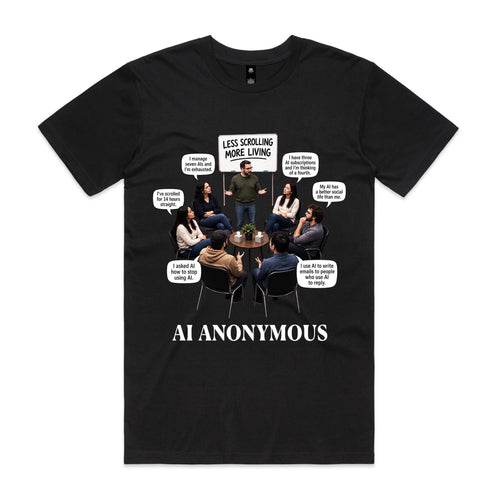 Voltare AI Anonymous Meeting black tee front with humorous AI support-group scene and Less Scrolling More Living sign