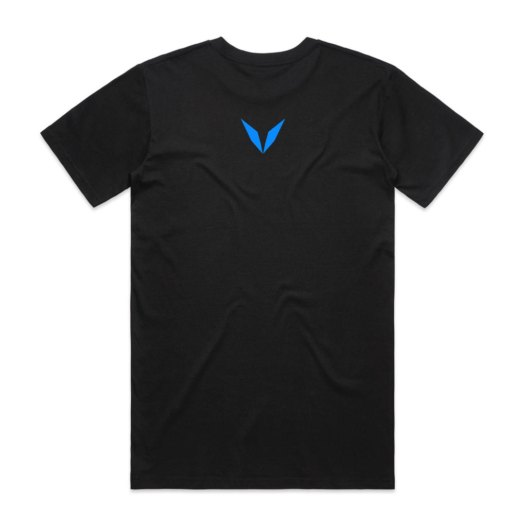 Back of Voltare black AI Directions tee with a small blue Voltare V logo below the neckline