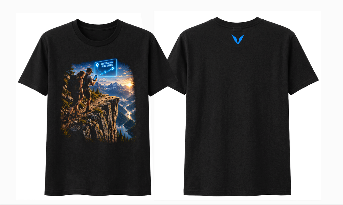 Front and back of Voltare black AI Directions tee showing the mountain hikers graphic and blue Voltare V back logo