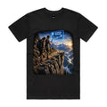 Front of Voltare black AI Directions tee featuring two hikers on a mountain cliff beneath a glowing blue “Destination in 20 Steps” navigation display