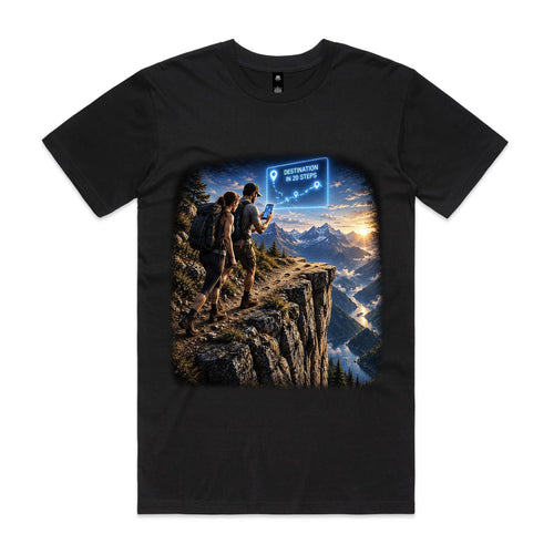 Front of Voltare black AI Directions tee featuring two hikers on a mountain cliff beneath a glowing blue “Destination in 20 Steps” navigation display
