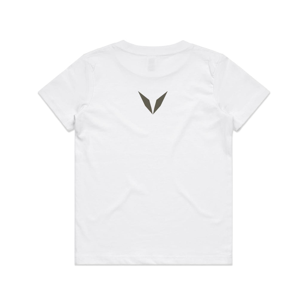 Back of the white Voltare Allosaurus kids tee with an olive-grey Voltare V below the neckline.