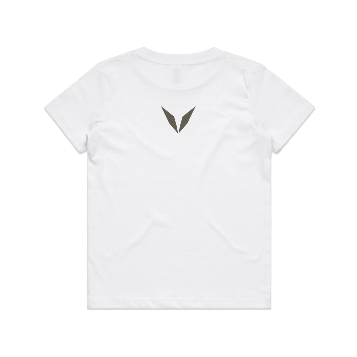 Back of the white Voltare Allosaurus kids tee with an olive-grey Voltare V below the neckline.