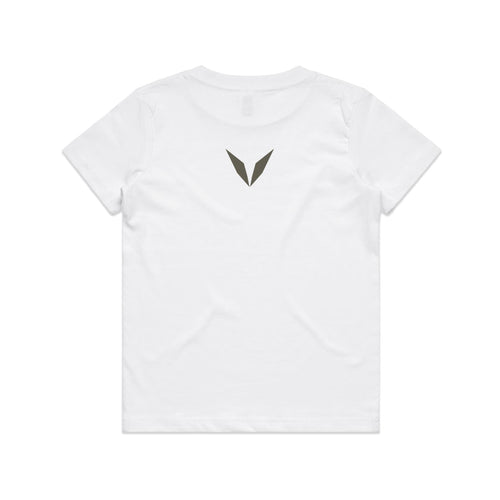 Back of the white Voltare Allosaurus kids tee with an olive-grey Voltare V below the neckline.