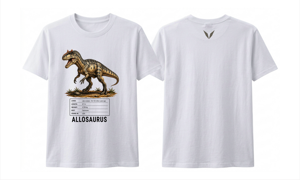 Front and back preview of the white Voltare Allosaurus kids tee, showing dinosaur artwork and facts on the front and an olive-grey V on the back.