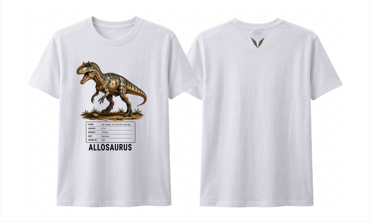 Front and back preview of the white Voltare Allosaurus kids tee, showing dinosaur artwork and facts on the front and an olive-grey V on the back.