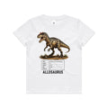White Voltare kids tee with golden-brown Allosaurus artwork, dark stripes, rusty-orange brow crests, a dinosaur facts panel and black Allosaurus lettering on the front.