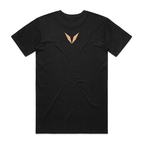 Back of the Black Voltare Alpine Valley Mountain Escape tee with a tan Voltare V between the shoulder blades