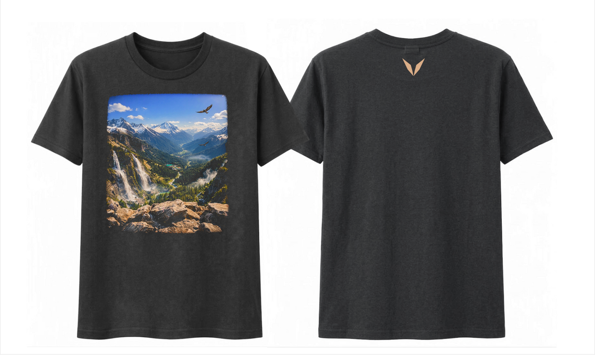 Front and back of the Black Voltare Alpine Valley Mountain Escape tee with mountain landscape artwork and a tan back V