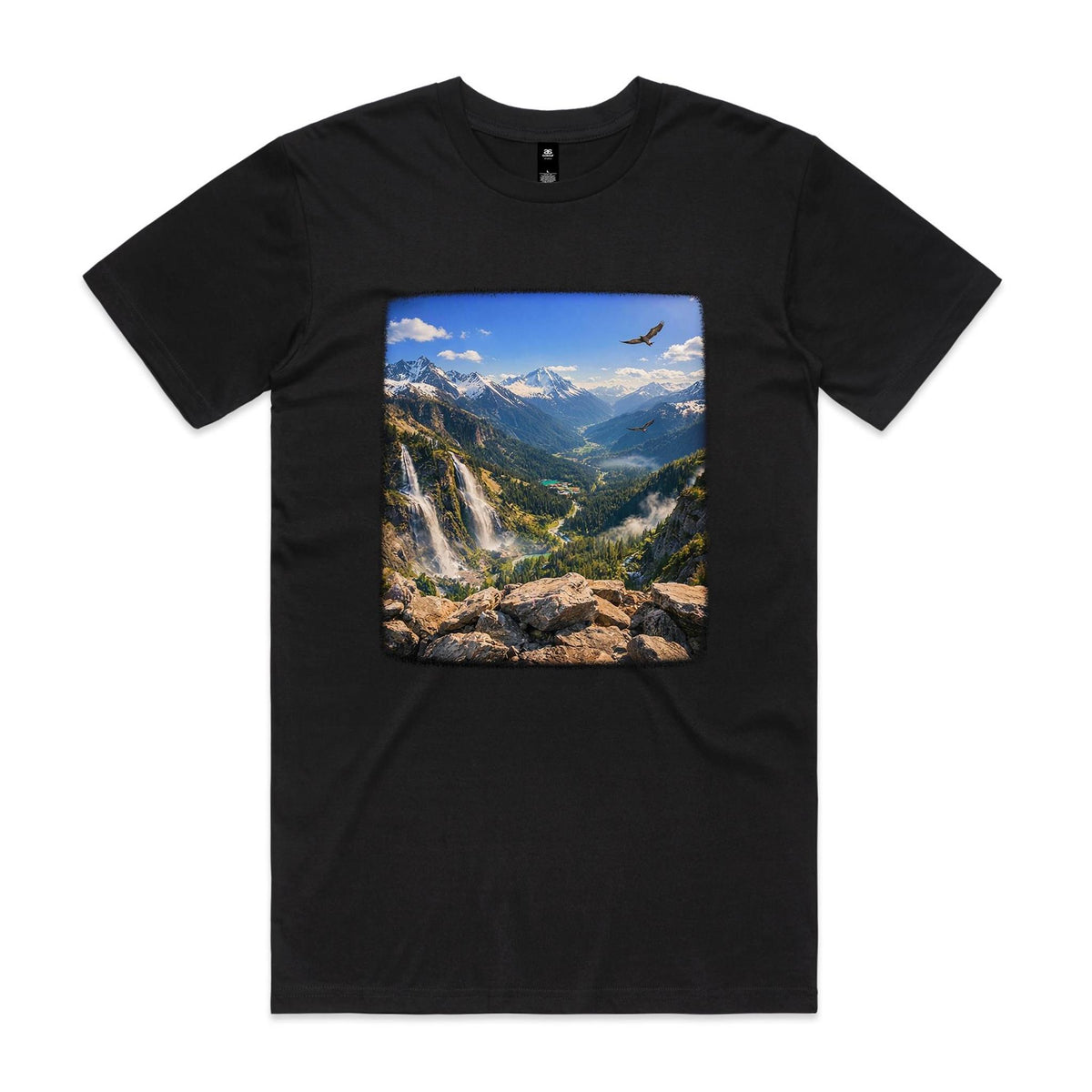 Front of the Black Voltare Alpine Valley Mountain Escape tee with waterfalls, snow-capped mountains, a forested valley and soaring birds