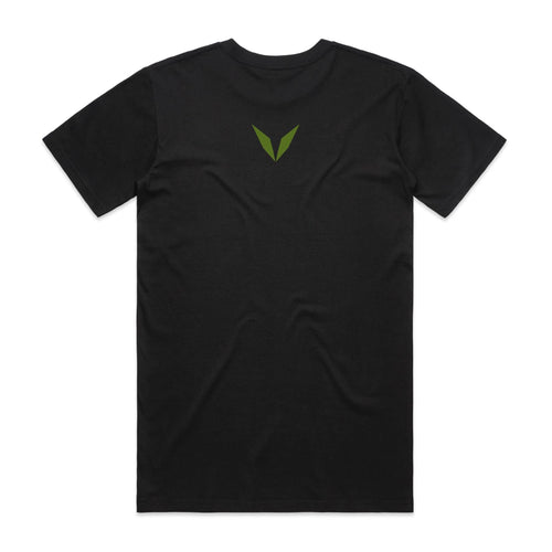 Voltare Amazon Rainforest black t-shirt back view with green Voltare V logo on the upper back