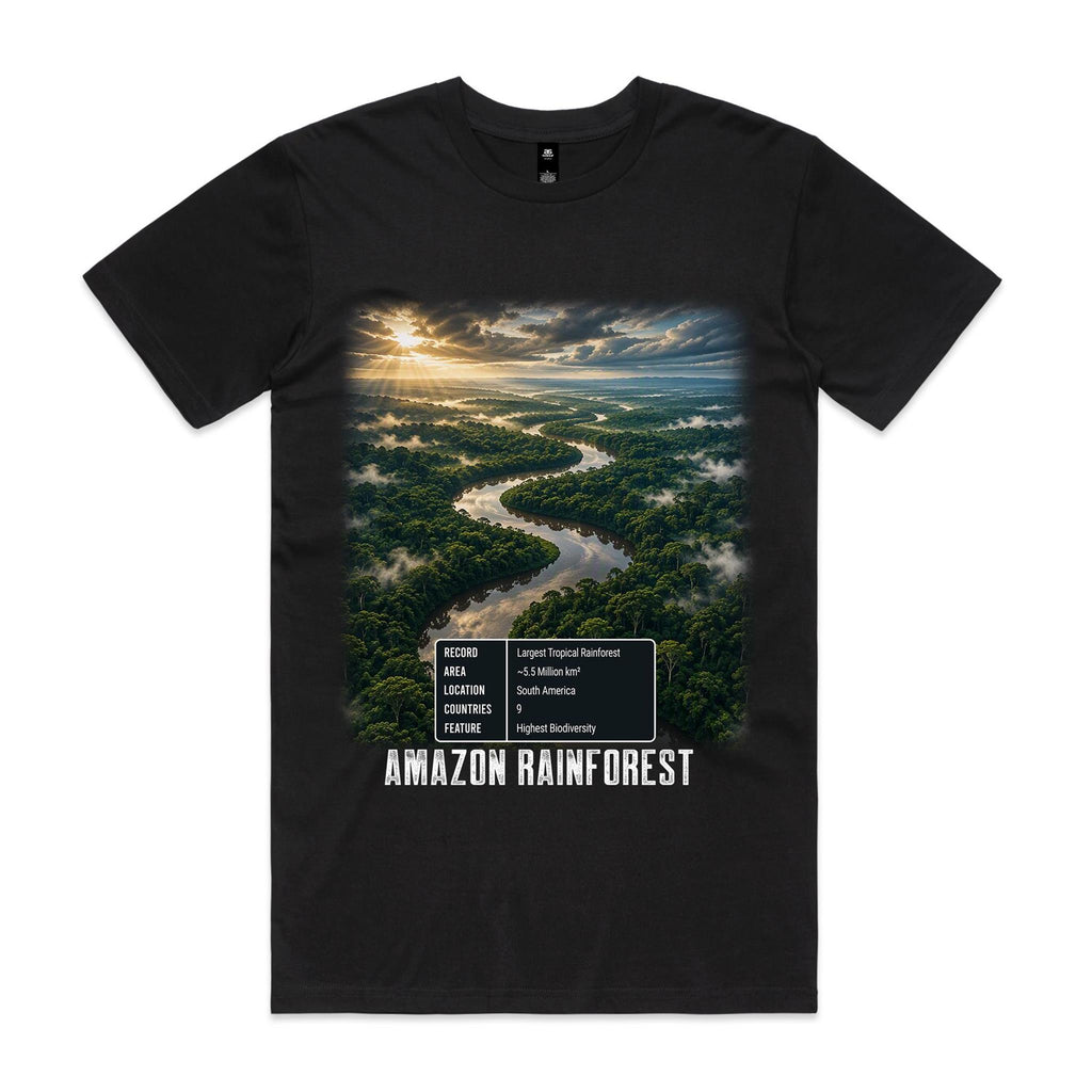 Voltare Amazon Rainforest black t-shirt front view with a winding river through dense rainforest artwork and an Amazon Rainforest facts panel