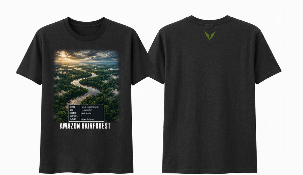 Voltare Amazon Rainforest black t-shirt showing the front river and rainforest design and the back green Voltare V logo together