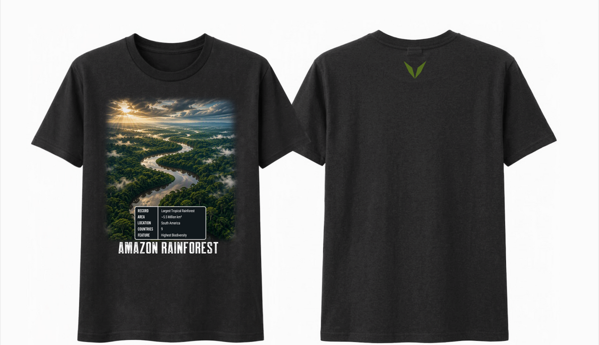 Voltare Amazon Rainforest black t-shirt showing the front river and rainforest design and the back green Voltare V logo together