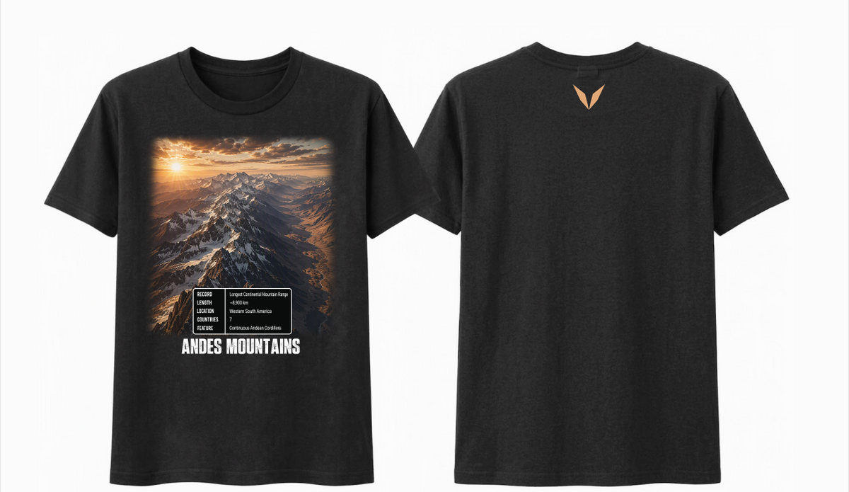 Front and back views of the Voltare Andes Mountains black tee with mountain artwork and a gold Voltare V