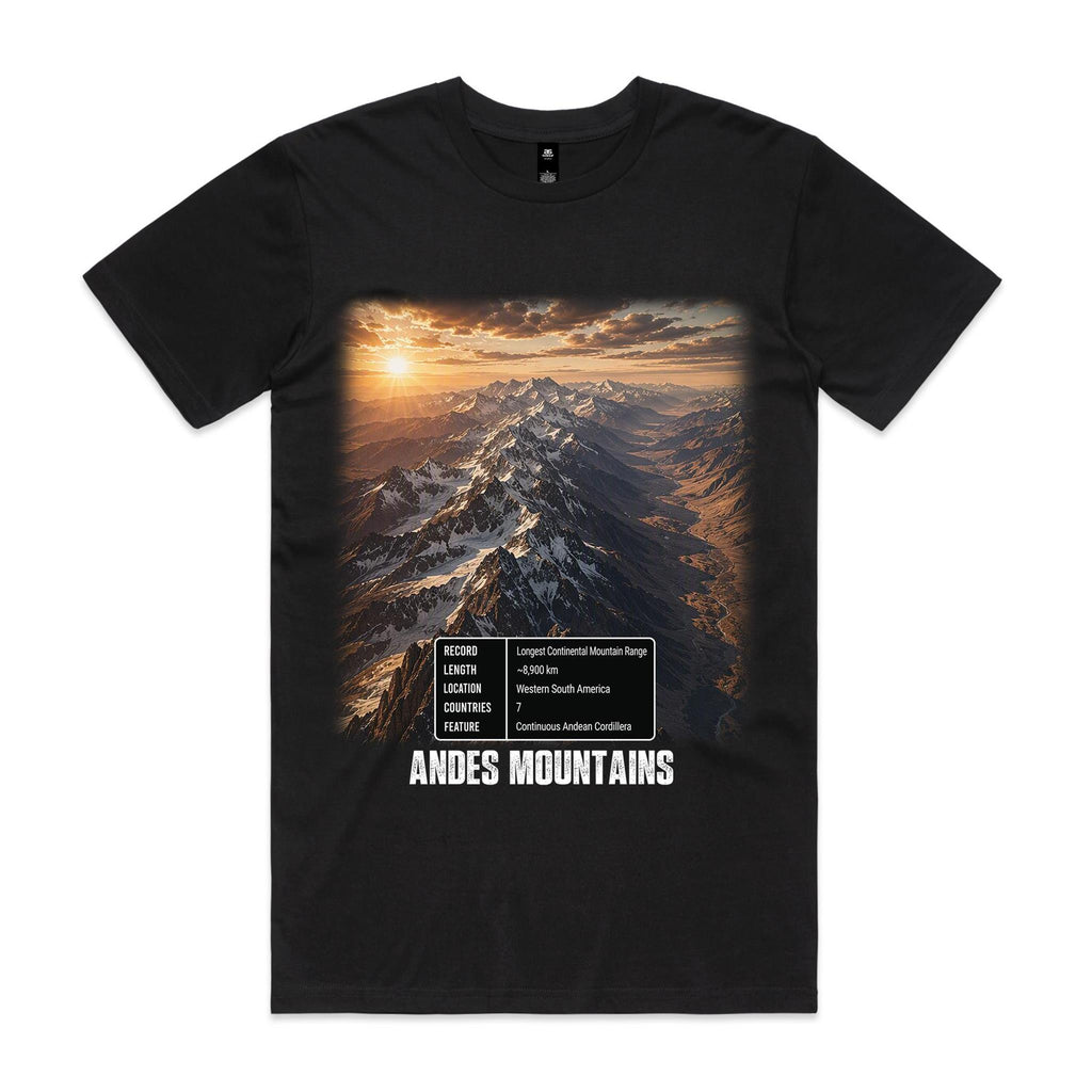 Voltare Andes Mountains black tee with snow-capped peaks beneath a golden sky, a five-fact panel and ANDES MOUNTAINS lettering on the front