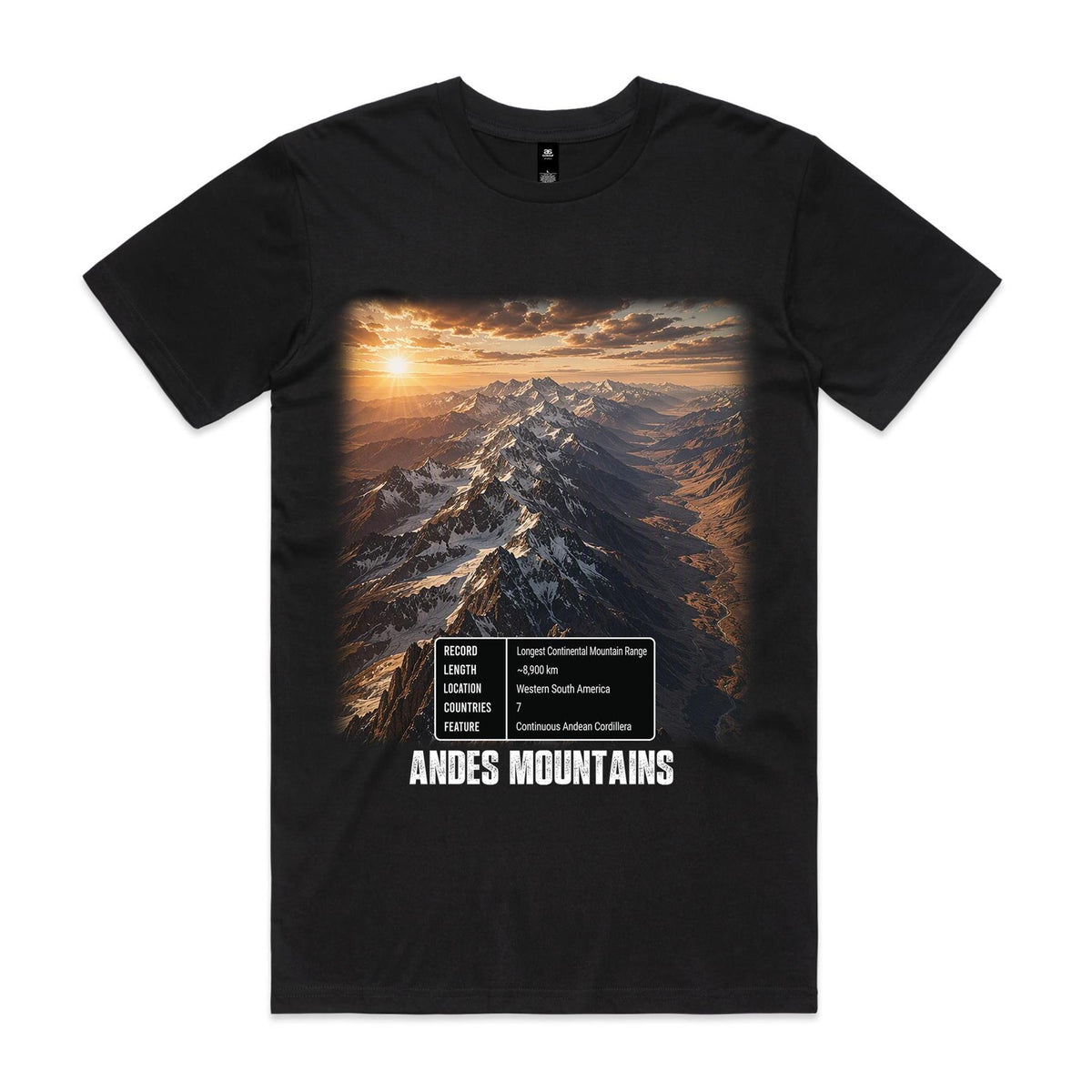 Voltare Andes Mountains black tee with snow-capped peaks beneath a golden sky, a five-fact panel and ANDES MOUNTAINS lettering on the front