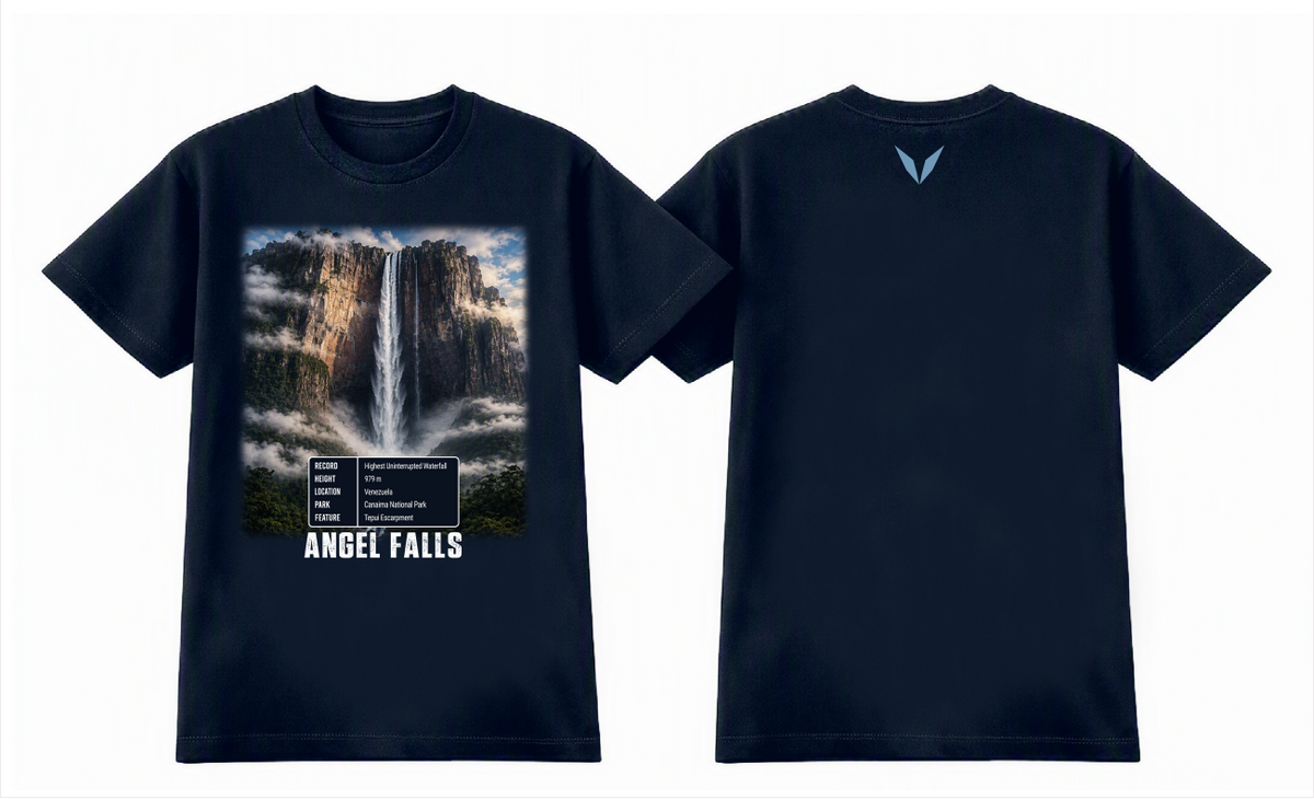 Front and back views of the Voltare Angel Falls navy tee with waterfall artwork and a light blue Voltare V