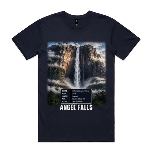 Voltare Angel Falls navy tee with waterfall and misty cliff artwork, a five-fact panel and ANGEL FALLS lettering on the front