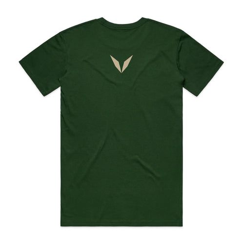 Back view of the Voltare Angkor Wat Jungle Temple tee in Forest Green with a small sandy-beige Voltare V high on the back
