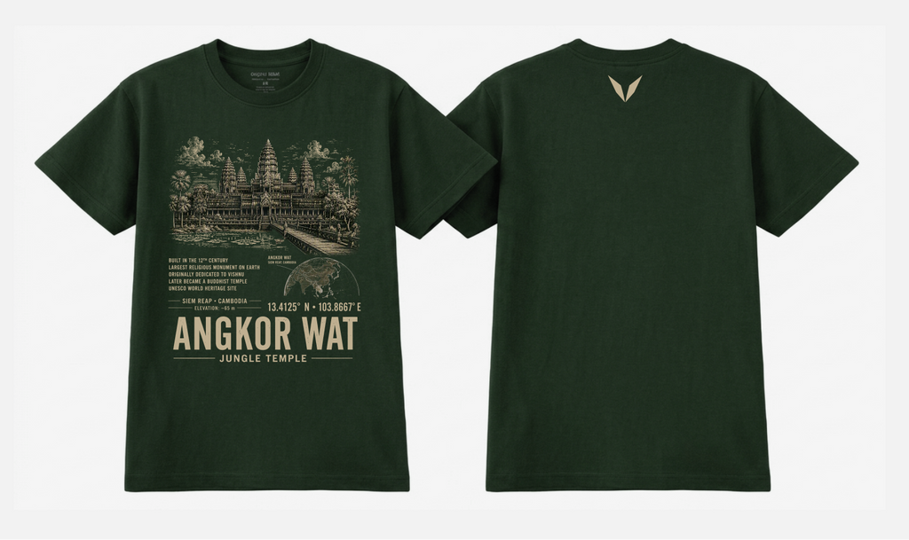 Front and back of the Forest Green Voltare Angkor Wat Jungle Temple tee, showing temple and jungle artwork above facts, a Cambodia map, coordinates and landmark lettering, with a small sand-coloured Voltare V high on the back