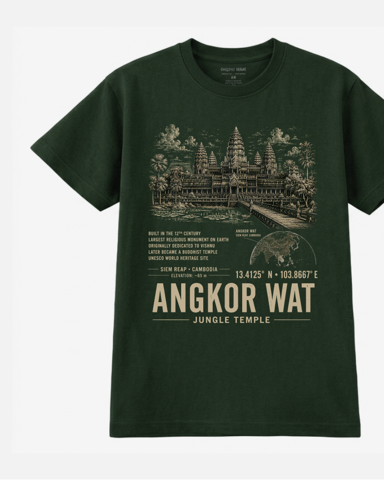 Front of the Forest Green Voltare Angkor Wat Jungle Temple tee, featuring temple and jungle artwork above historical facts, a Cambodia location map, coordinates and Angkor Wat Jungle Temple lettering