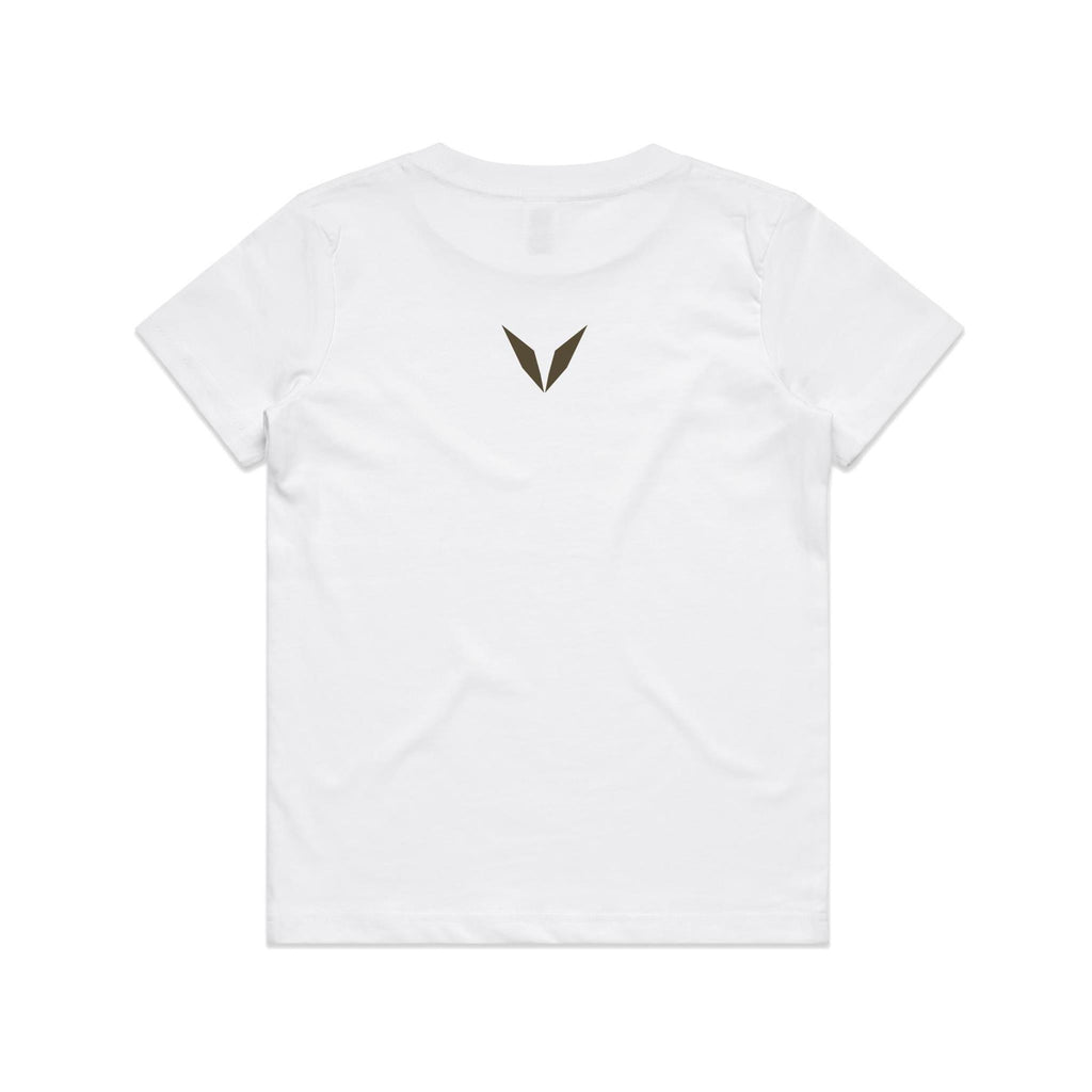 Back of the white Voltare Ankylosaurus kids tee with a dark olive-brown Voltare V below the neckline.