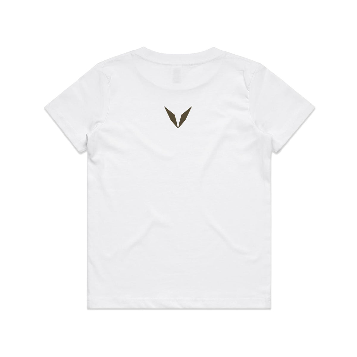 Back of the white Voltare Ankylosaurus kids tee with a dark olive-brown Voltare V below the neckline.