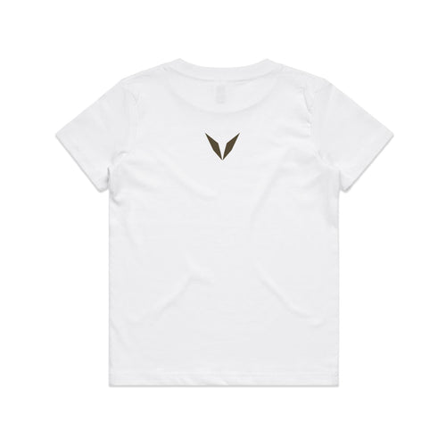 Back of the white Voltare Ankylosaurus kids tee with a dark olive-brown Voltare V below the neckline.