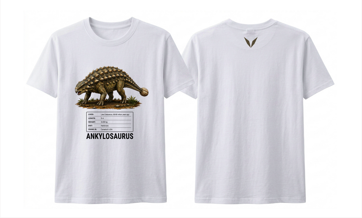 Front and back preview of the white Voltare Ankylosaurus kids tee, showing armoured dinosaur artwork and facts on the front and a dark olive-brown V on the back.