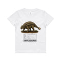White Voltare kids tee with olive-brown armoured Ankylosaurus artwork, golden spikes, a clubbed tail, dinosaur facts panel and black Ankylosaurus lettering on the front.